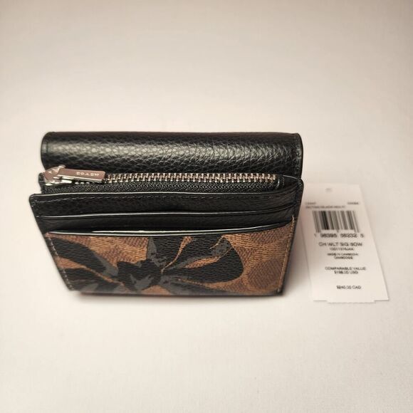 NWT Coach CZ447 Card Holder Snap Wallet Signature Bow Print Khaki Black - Picture 2 of 4